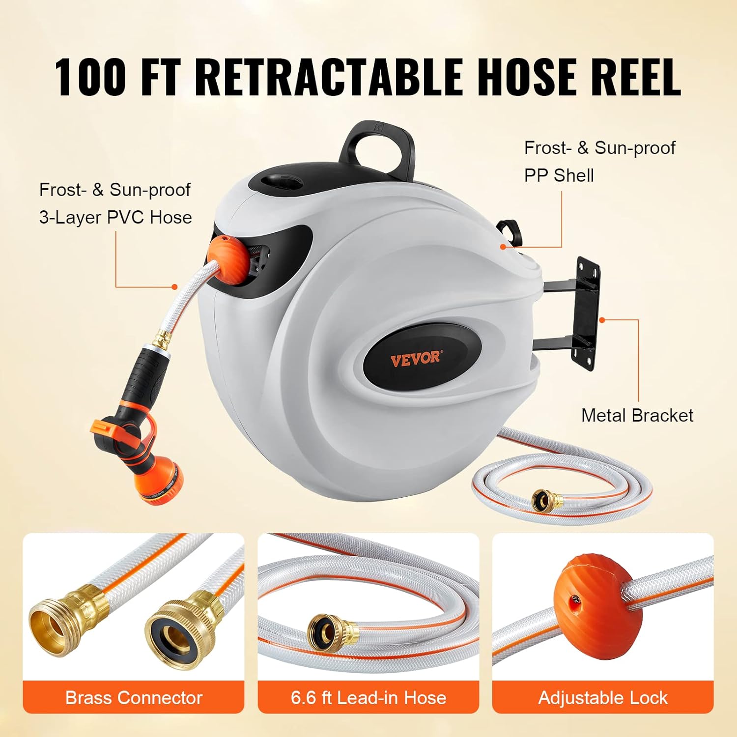Retractable Hose Reel, 100 Ft X 1/2 Inch, Garden Water Hose Reel with 9-Pattern Nozzle, 180° Swivel Bracket Wall-Mounted, Automatic Rewind, Lock at Any Length, with Slow Return System