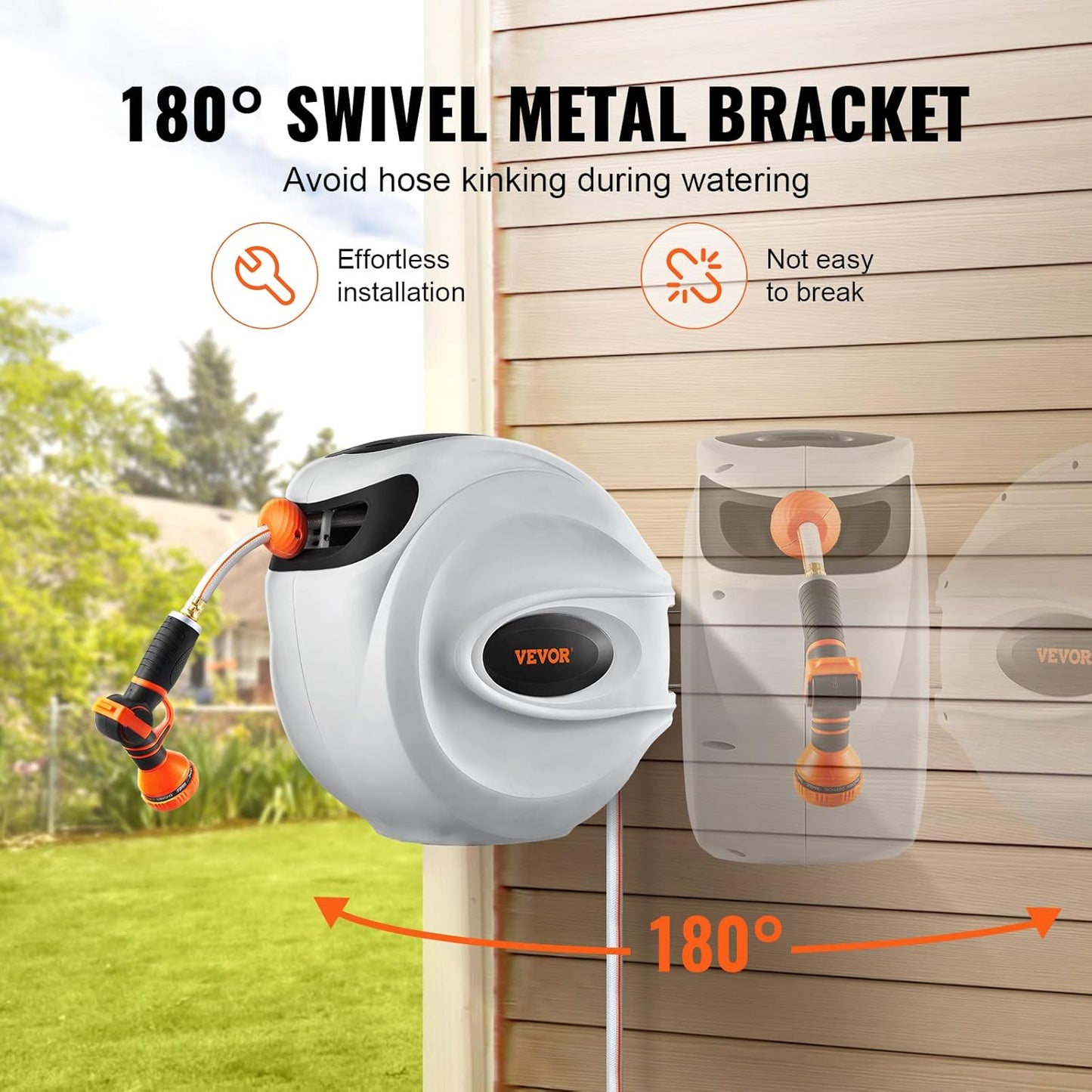 Retractable Hose Reel, 100 Ft X 1/2 Inch, Garden Water Hose Reel with 9-Pattern Nozzle, 180° Swivel Bracket Wall-Mounted, Automatic Rewind, Lock at Any Length, with Slow Return System
