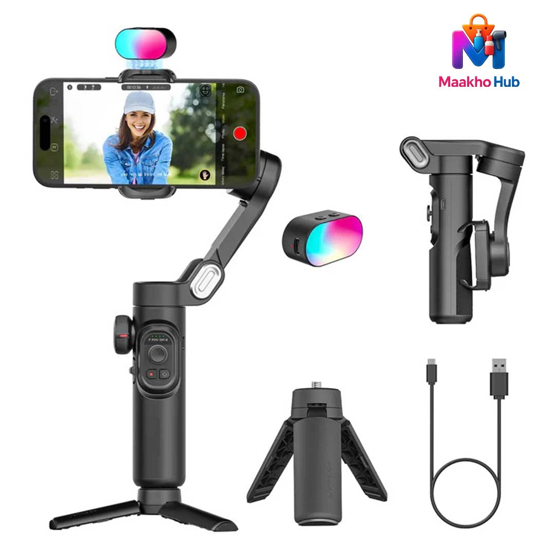 Palm-Size 3-Axis Foldable Smartphone Gimbal with RGB Light – Perfect for TikTok & Vlogging