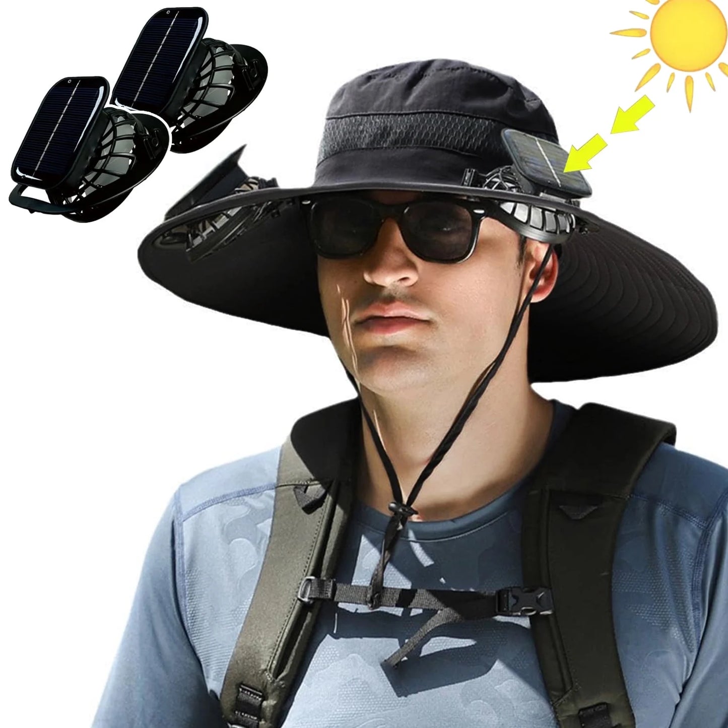 Solar Powered Fan Hat Wide Brim for Outdoor Fishing, Boonie Sun Hat with 2 Solar Fans, 3 Speed Adjustable - Black