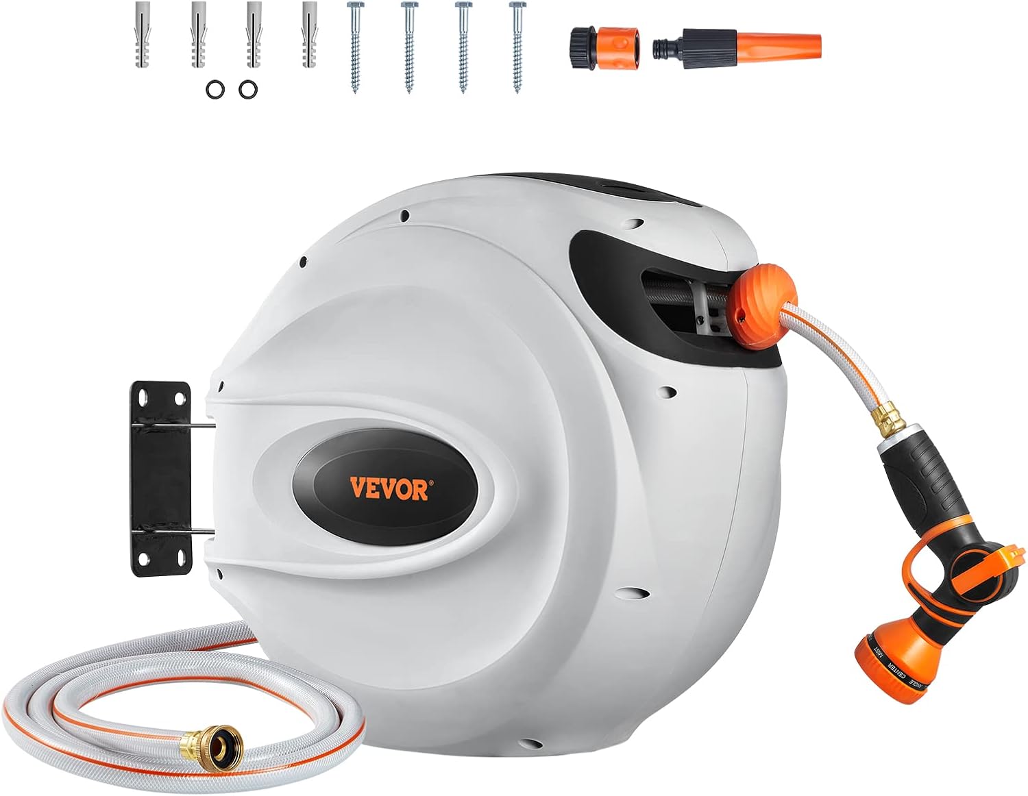 Retractable Hose Reel, 100 Ft X 1/2 Inch, Garden Water Hose Reel with 9-Pattern Nozzle, 180° Swivel Bracket Wall-Mounted, Automatic Rewind, Lock at Any Length, with Slow Return System