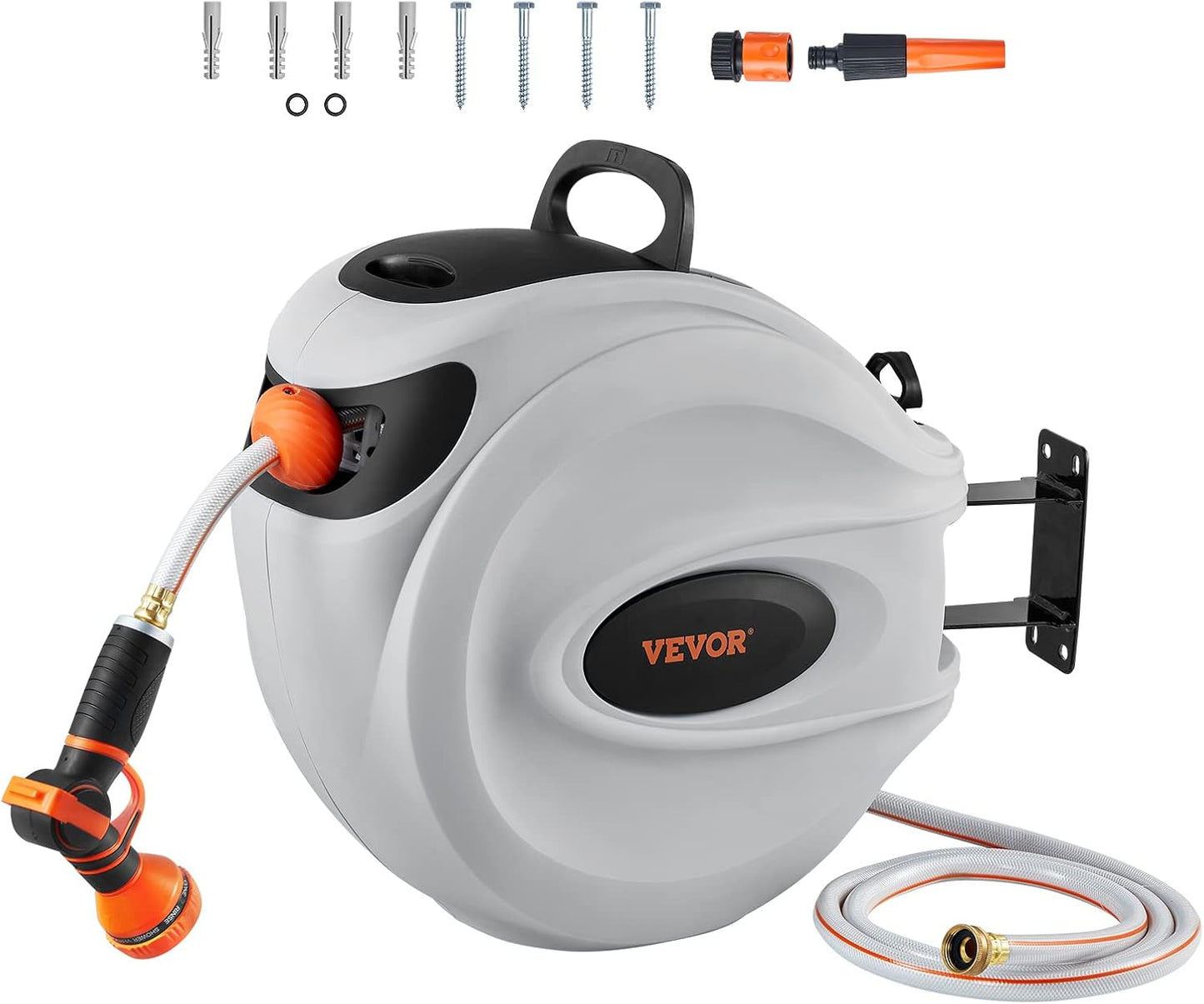 Retractable Hose Reel, 100 Ft X 1/2 Inch, Garden Water Hose Reel with 9-Pattern Nozzle, 180° Swivel Bracket Wall-Mounted, Automatic Rewind, Lock at Any Length, with Slow Return System