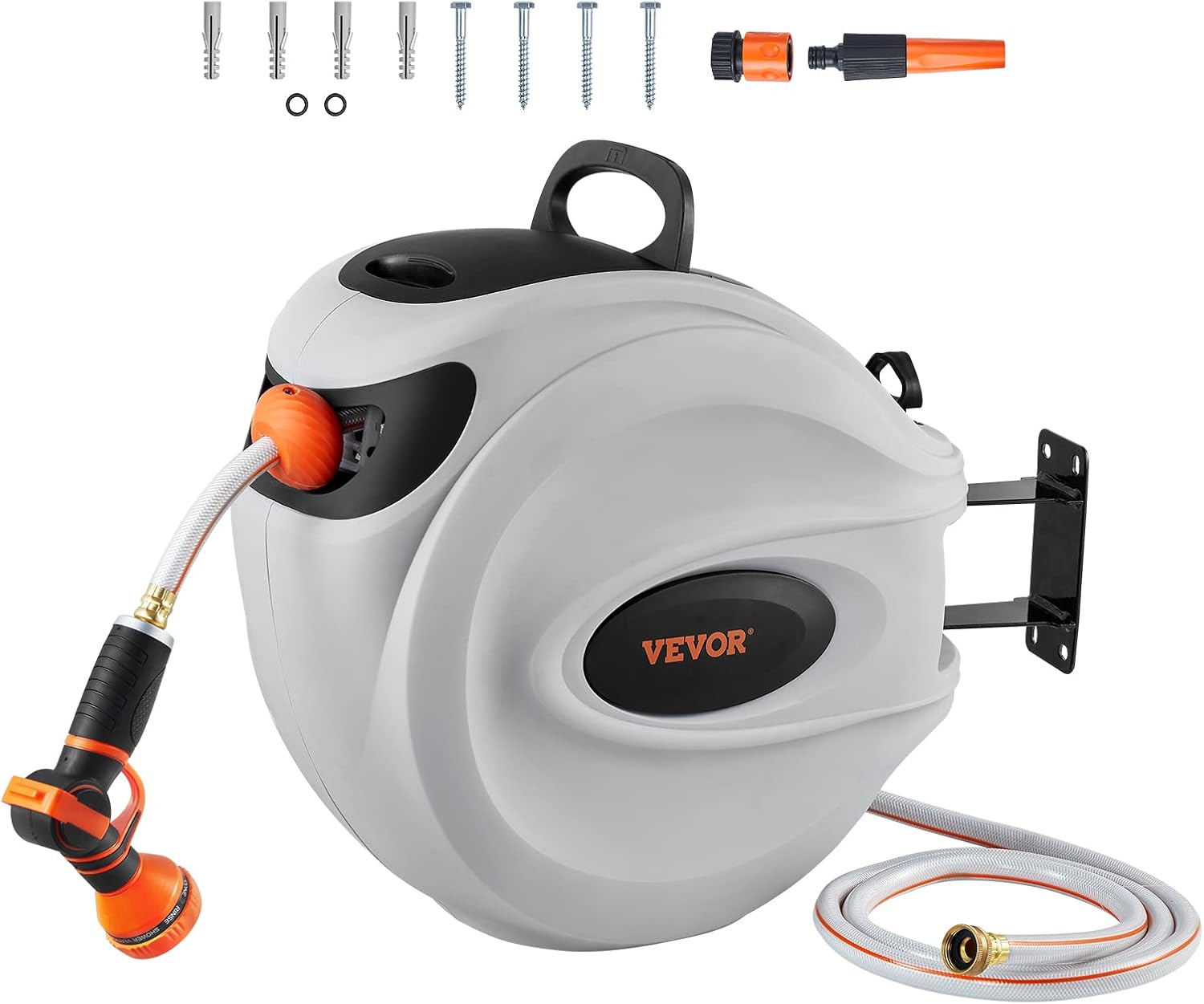 Retractable Hose Reel, 100 Ft X 1/2 Inch, Garden Water Hose Reel with 9-Pattern Nozzle, 180° Swivel Bracket Wall-Mounted, Automatic Rewind, Lock at Any Length, with Slow Return System
