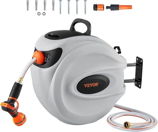 Retractable Hose Reel, 100 Ft X 1/2 Inch, Garden Water Hose Reel with 9-Pattern Nozzle, 180° Swivel Bracket Wall-Mounted, Automatic Rewind, Lock at Any Length, with Slow Return System