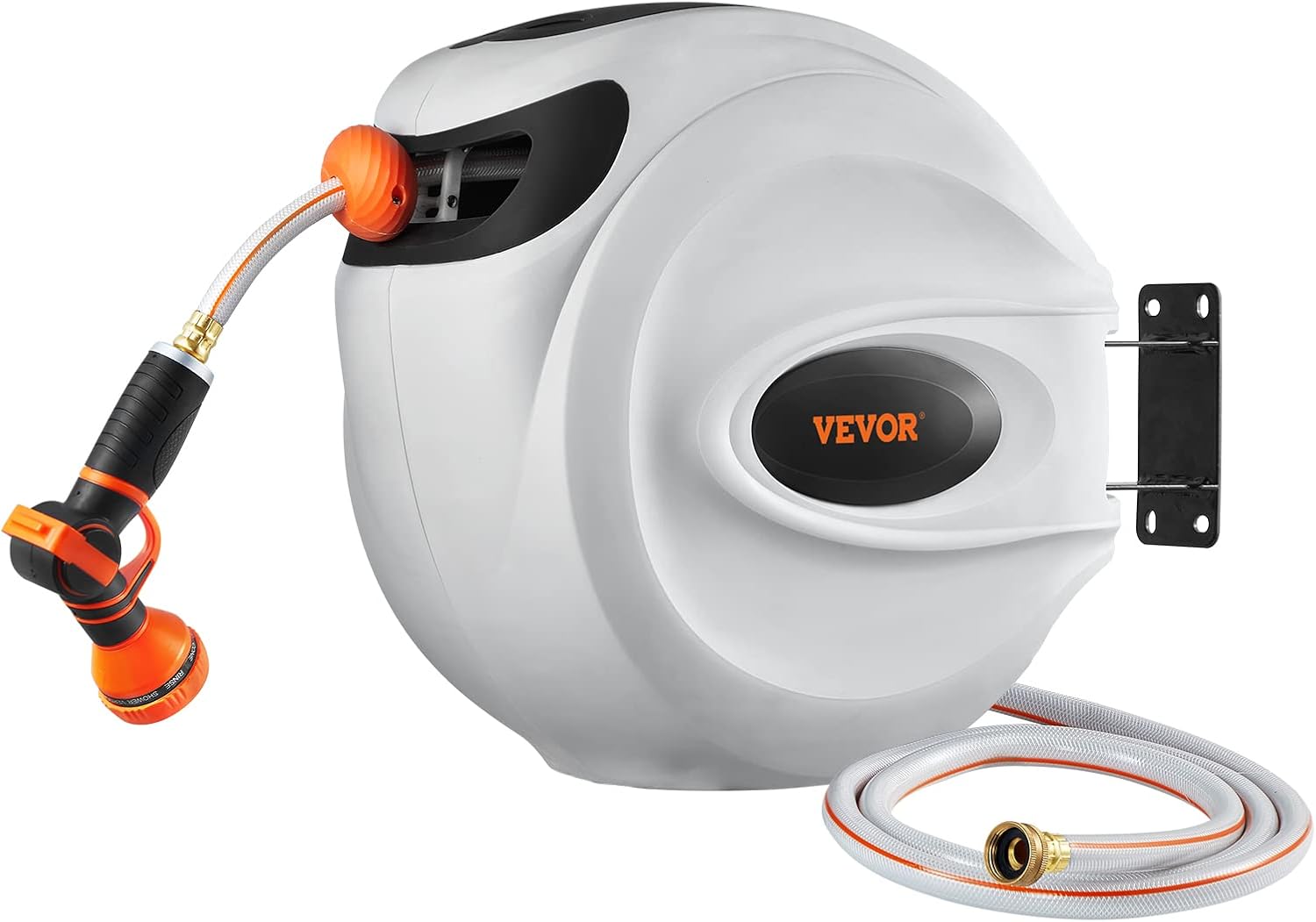 Retractable Hose Reel, 100 Ft X 1/2 Inch, Garden Water Hose Reel with 9-Pattern Nozzle, 180° Swivel Bracket Wall-Mounted, Automatic Rewind, Lock at Any Length, with Slow Return System
