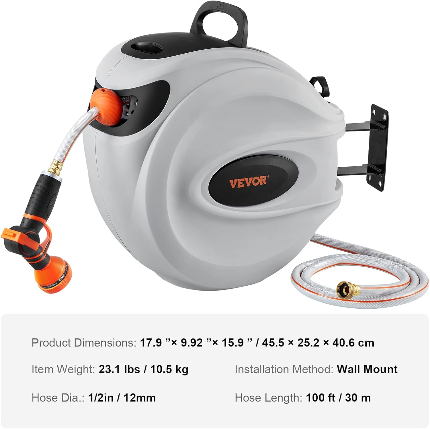 Retractable Hose Reel, 100 Ft X 1/2 Inch, Garden Water Hose Reel with 9-Pattern Nozzle, 180° Swivel Bracket Wall-Mounted, Automatic Rewind, Lock at Any Length, with Slow Return System