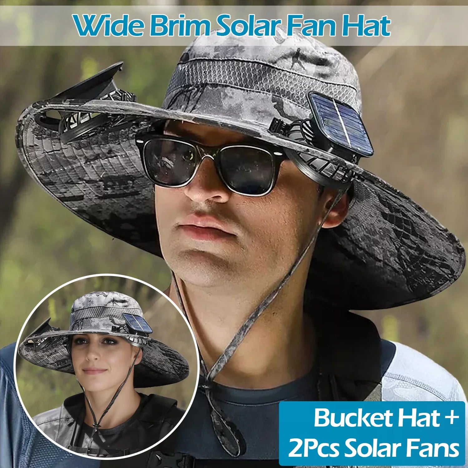Solar Powered Fan Hat Wide Brim for Outdoor Fishing, Boonie Sun Hat with 2 Solar Fans, 3 Speed Adjustable - Black