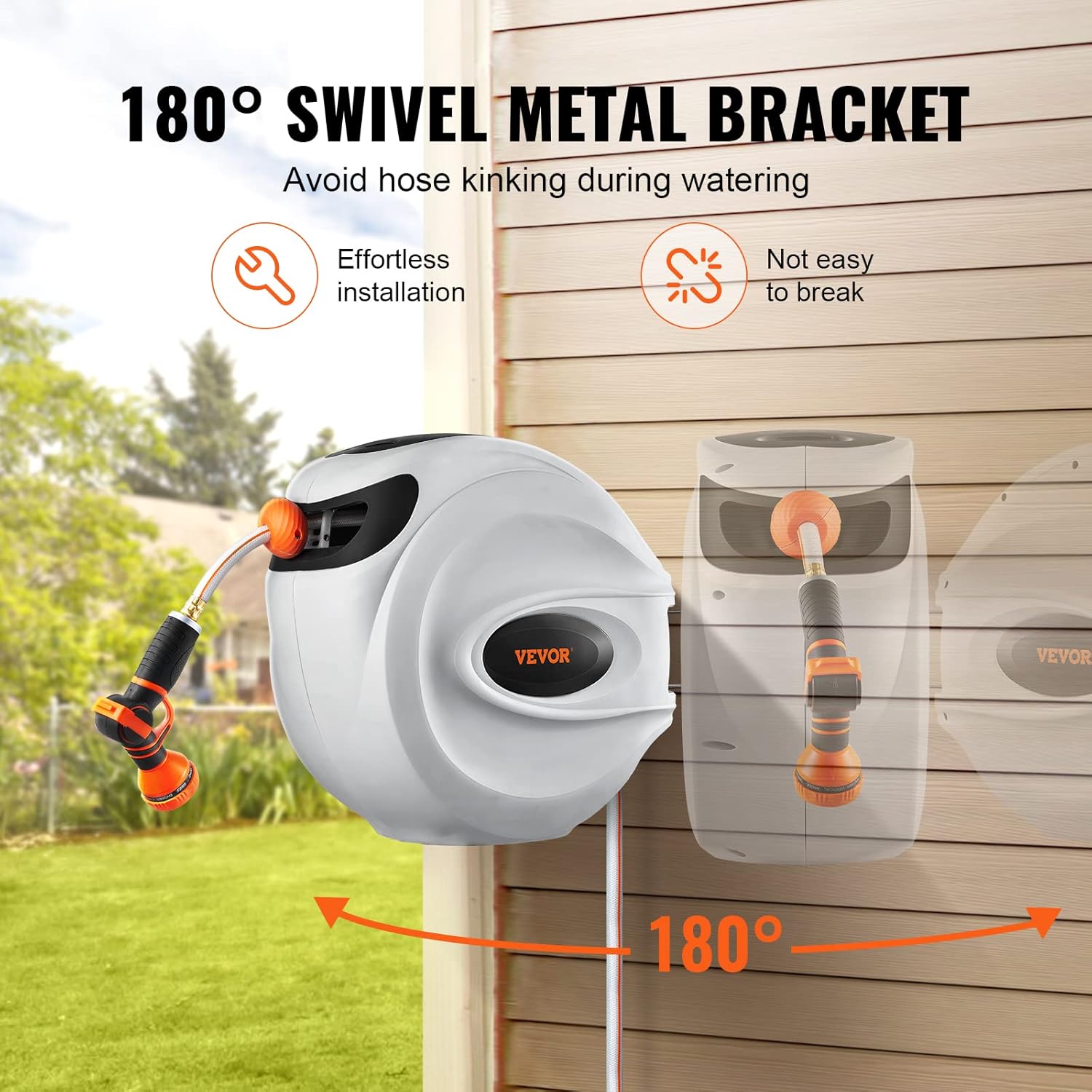 Retractable Hose Reel, 100 Ft X 1/2 Inch, Garden Water Hose Reel with 9-Pattern Nozzle, 180° Swivel Bracket Wall-Mounted, Automatic Rewind, Lock at Any Length, with Slow Return System
