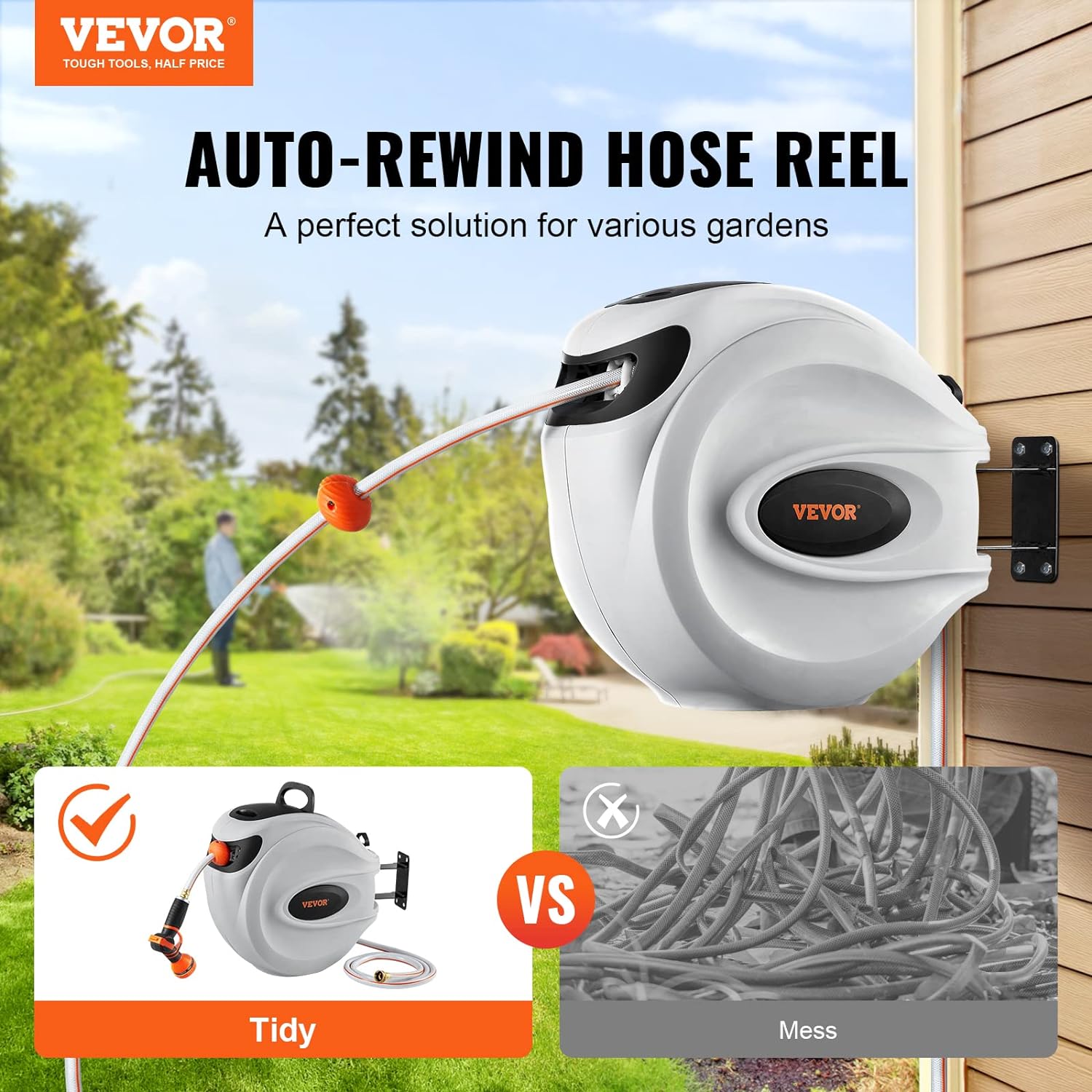Retractable Hose Reel, 100 Ft X 1/2 Inch, Garden Water Hose Reel with 9-Pattern Nozzle, 180° Swivel Bracket Wall-Mounted, Automatic Rewind, Lock at Any Length, with Slow Return System