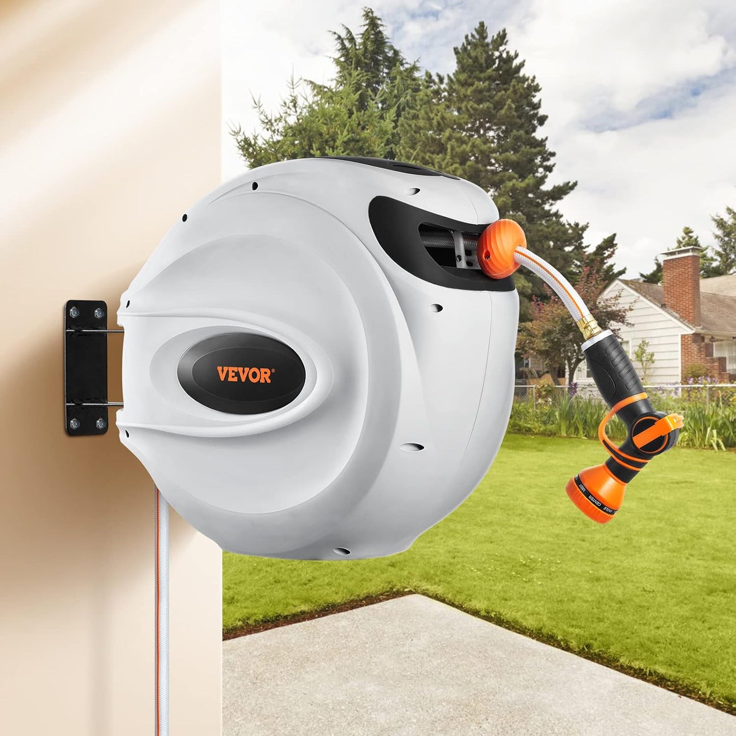 Retractable Hose Reel, 100 Ft X 1/2 Inch, Garden Water Hose Reel with 9-Pattern Nozzle, 180° Swivel Bracket Wall-Mounted, Automatic Rewind, Lock at Any Length, with Slow Return System