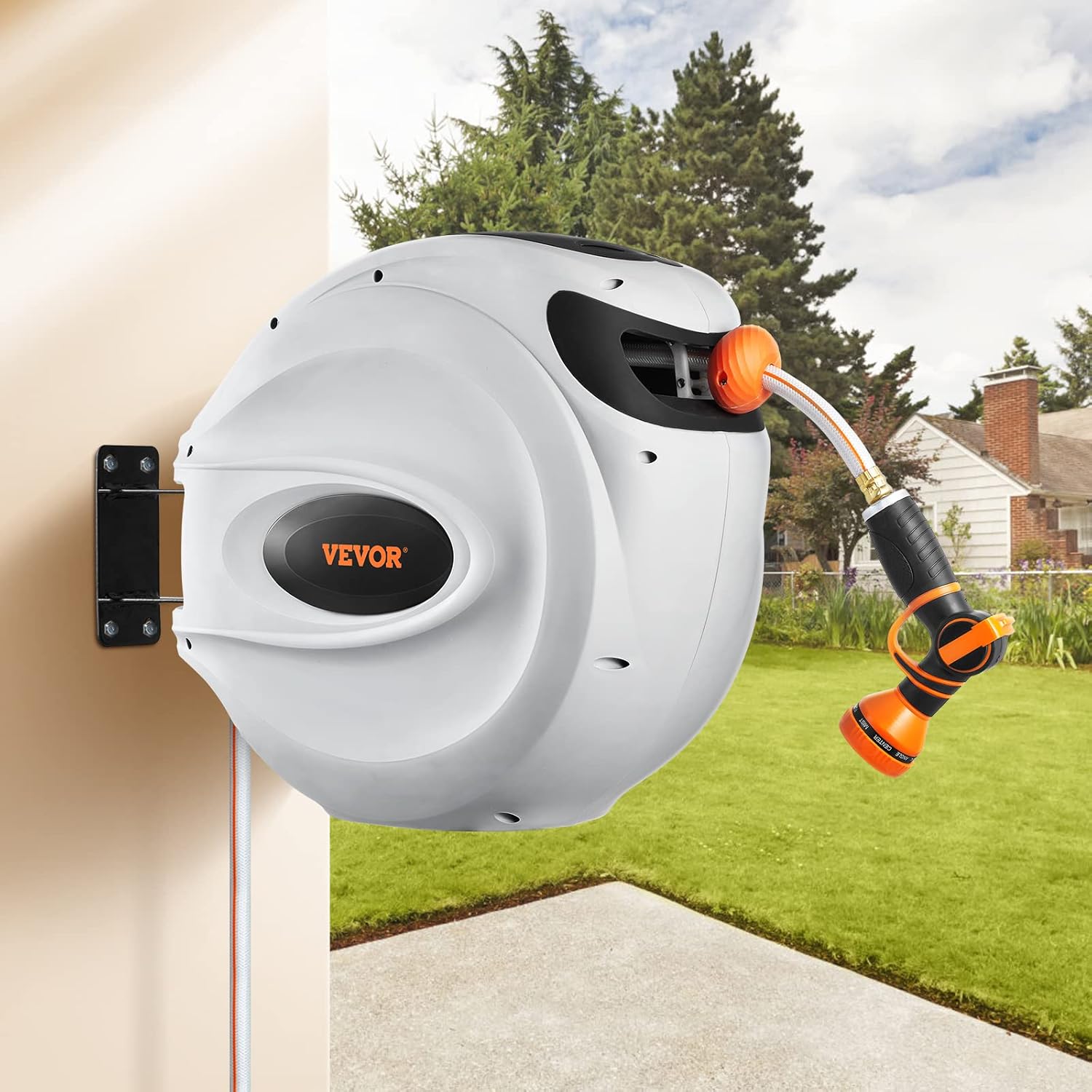Retractable Hose Reel, 100 Ft X 1/2 Inch, Garden Water Hose Reel with 9-Pattern Nozzle, 180° Swivel Bracket Wall-Mounted, Automatic Rewind, Lock at Any Length, with Slow Return System