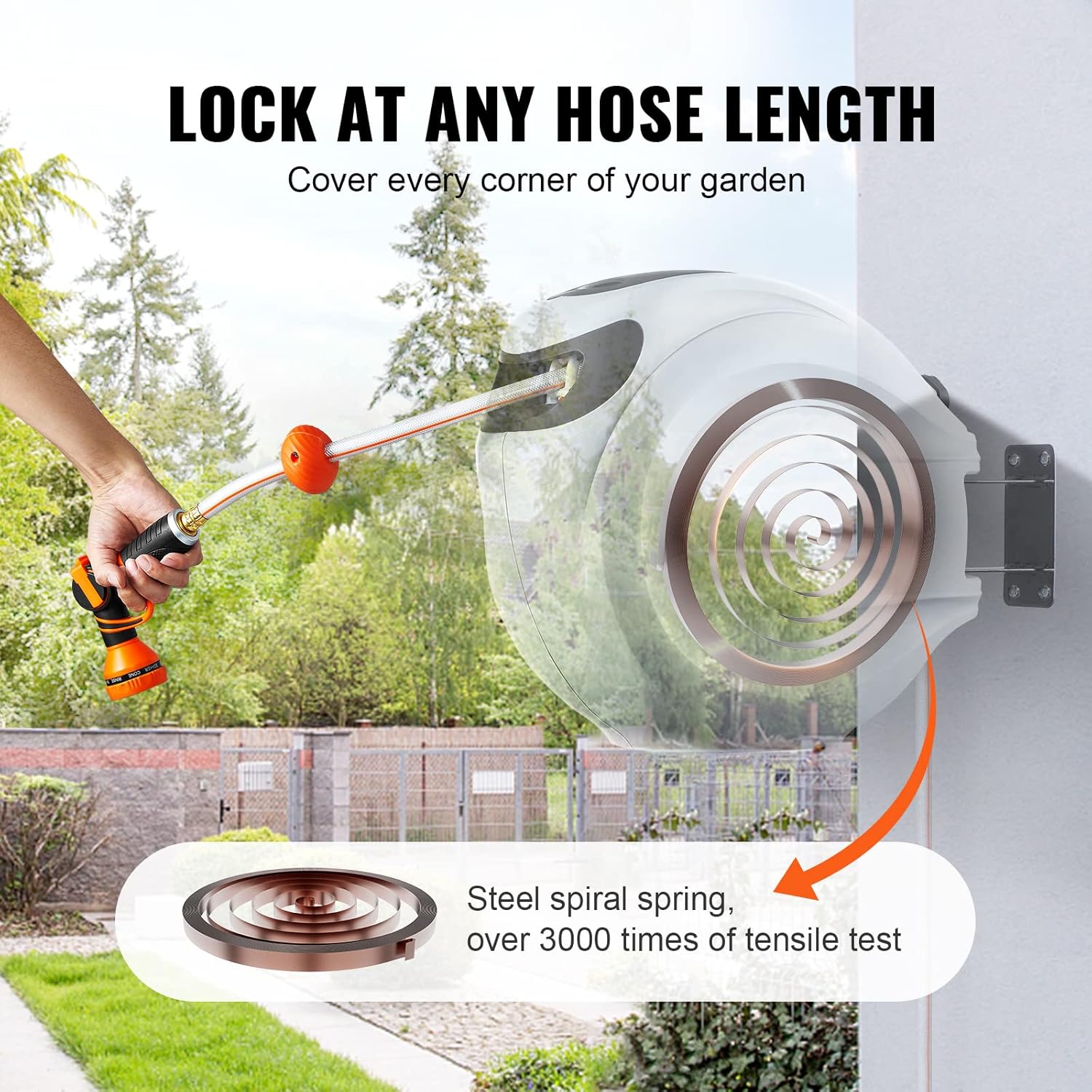 Retractable Hose Reel, 100 Ft X 1/2 Inch, Garden Water Hose Reel with 9-Pattern Nozzle, 180° Swivel Bracket Wall-Mounted, Automatic Rewind, Lock at Any Length, with Slow Return System