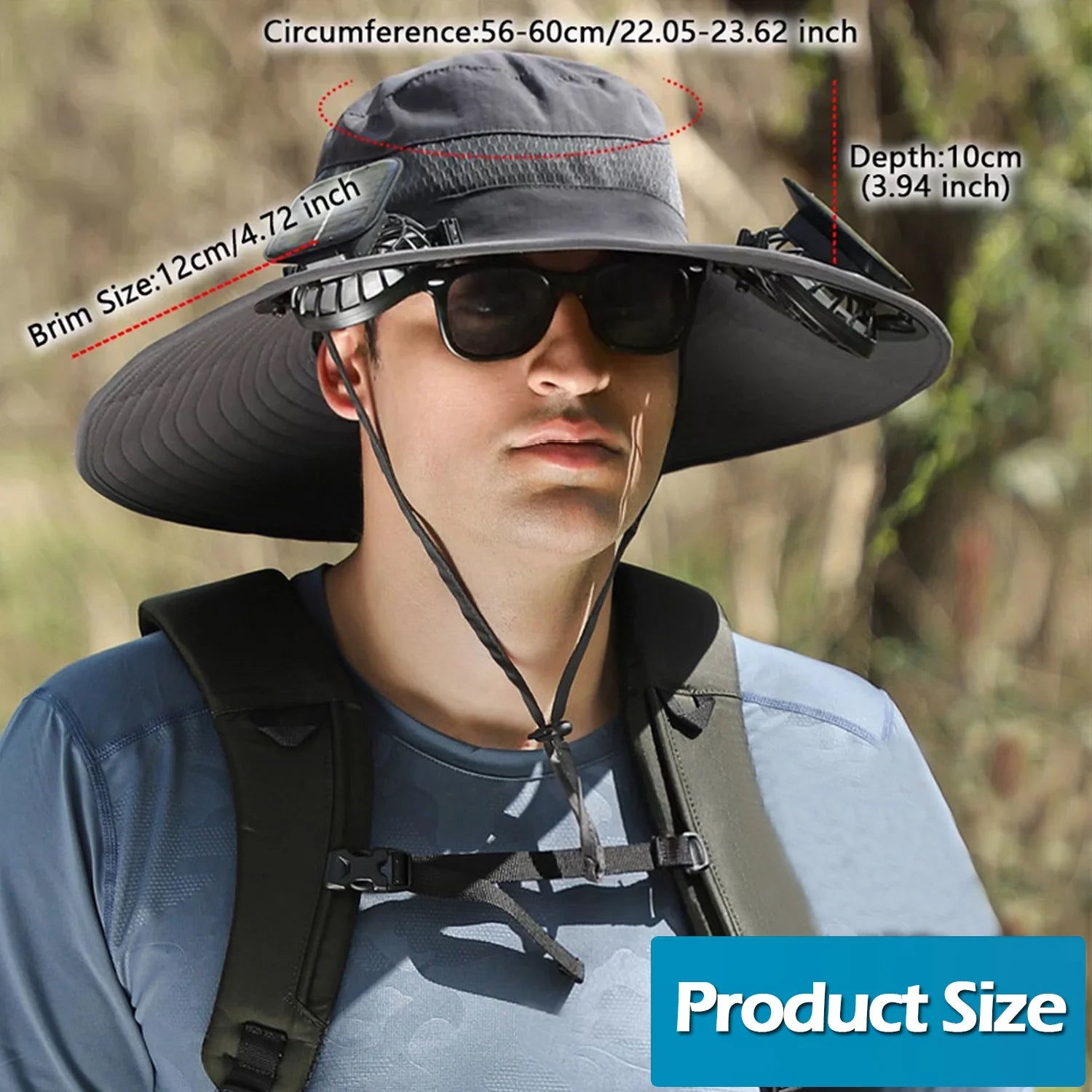 Solar Powered Fan Hat Wide Brim for Outdoor Fishing, Boonie Sun Hat with 2 Solar Fans, 3 Speed Adjustable - Black