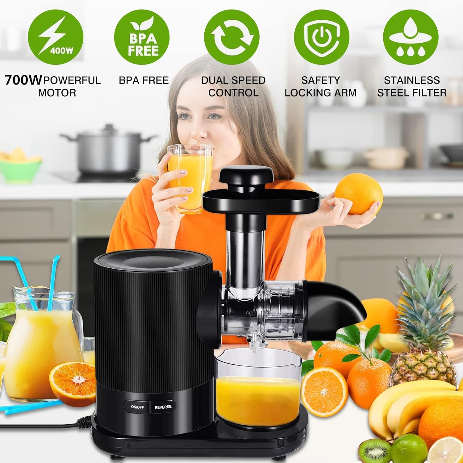 Slow Masticating Juicer, Cold Press Juicer Machines with 2-Speed Modes, Reverse Function, Electric Masticating Juicer Extractor with Brush for Fruit and Vegetable, Easy to Clean, BPA Free…